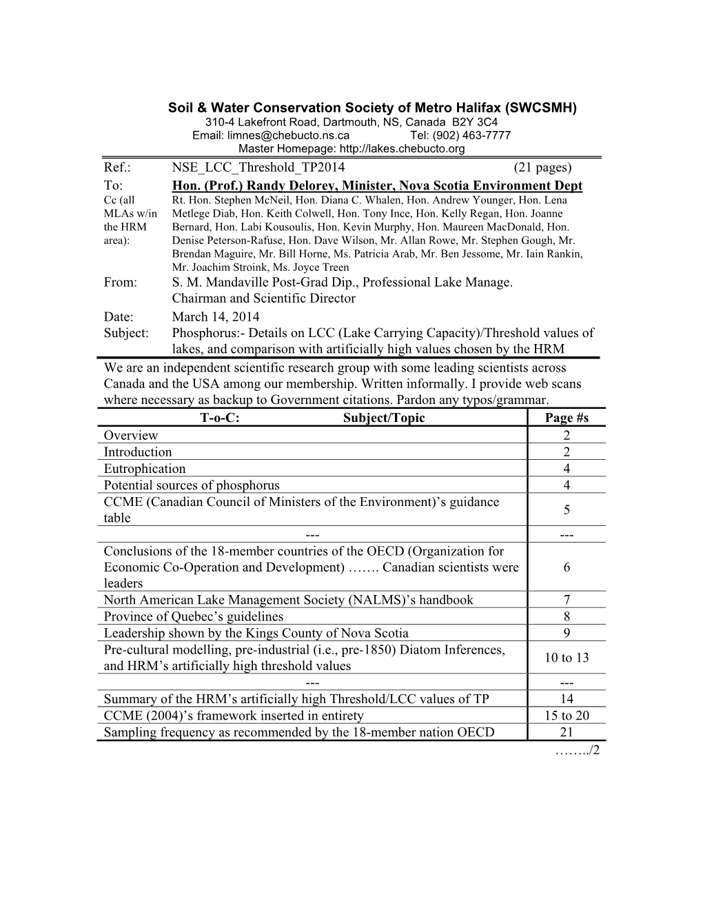 Ref.: NSE LCC Threshold TP2014 (21 Pages) To: Hon. (Prof.) Randy Delorey, Minister, Nova Scotia Environment Dept Cc (All Rt