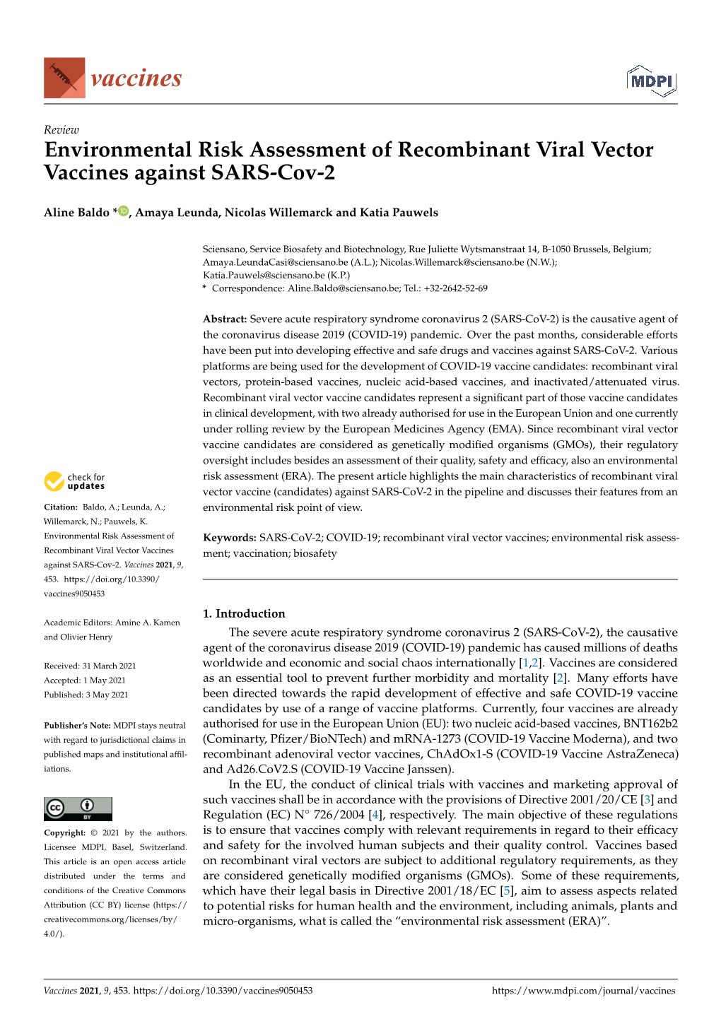 Environmental Risk Assessment of Recombinant Viral Vector Vaccines Against SARS-Cov-2