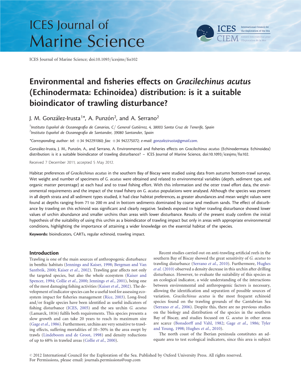 Gracilechinus Acutus (Echinodermata: Echinoidea) Distribution: Is It a Suitable Bioindicator of Trawling Disturbance?