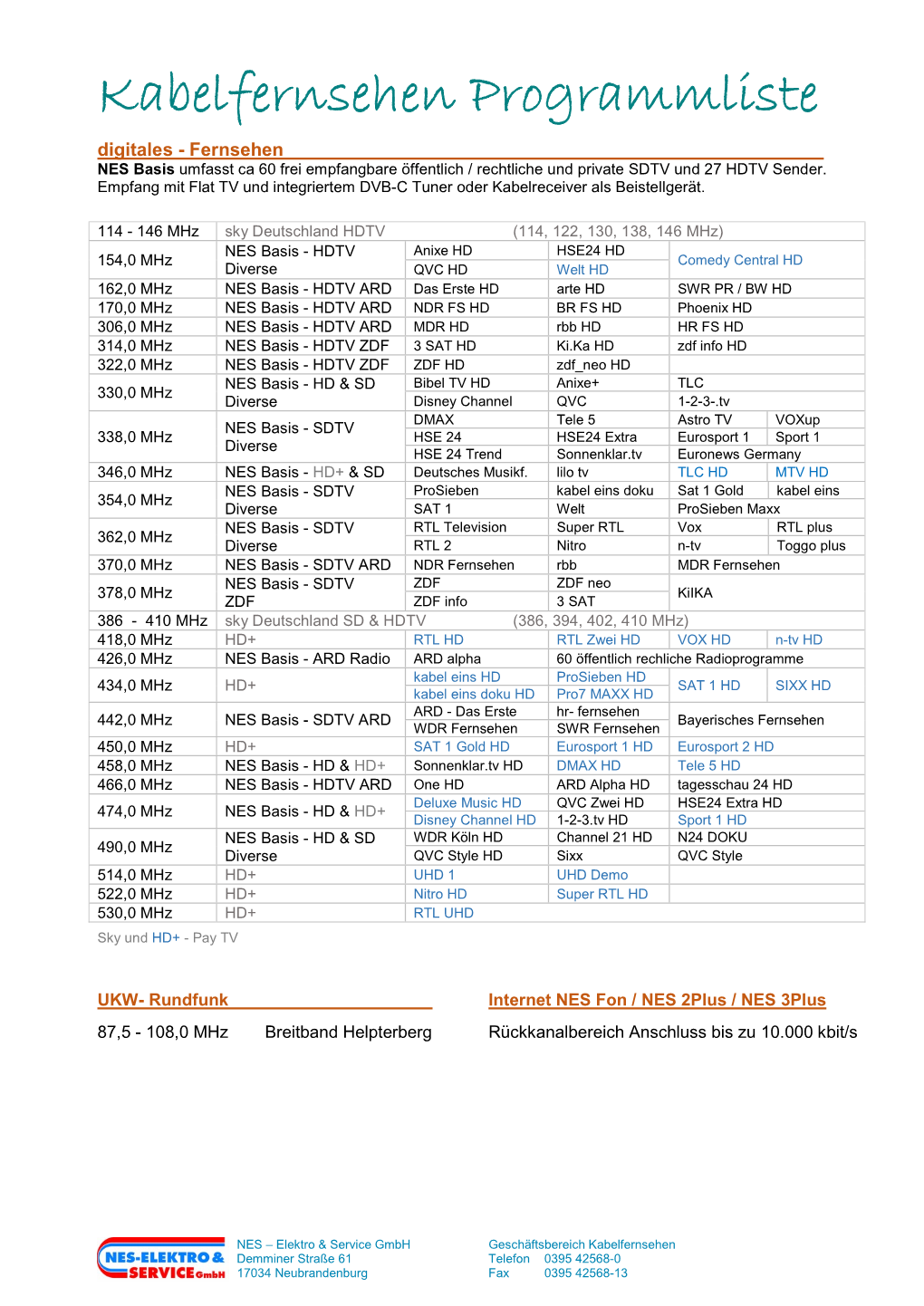 Kabelfernsehen Programmliste Digitales - Fernsehen NES Basis Umfasst Ca 60 Frei Empfangbare Öffentlich / Rechtliche Und Private SDTV Und 27 HDTV Sender