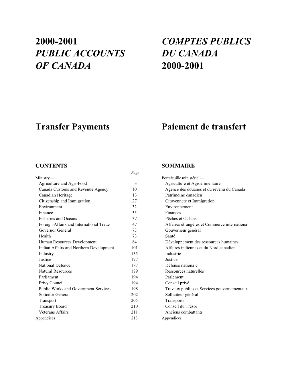 2000-2001 Comptes Publics Public Accounts Du Canada of Canada 2000-2001