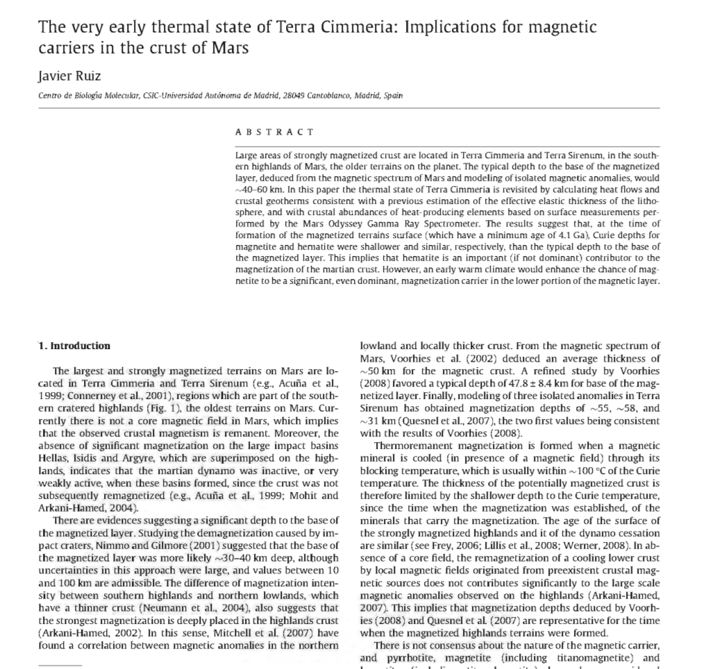 The Very Early Thermal State of Terra Cimmeria: Implications for Magnetic Carriers in the Crust of Mars Javier Ruiz