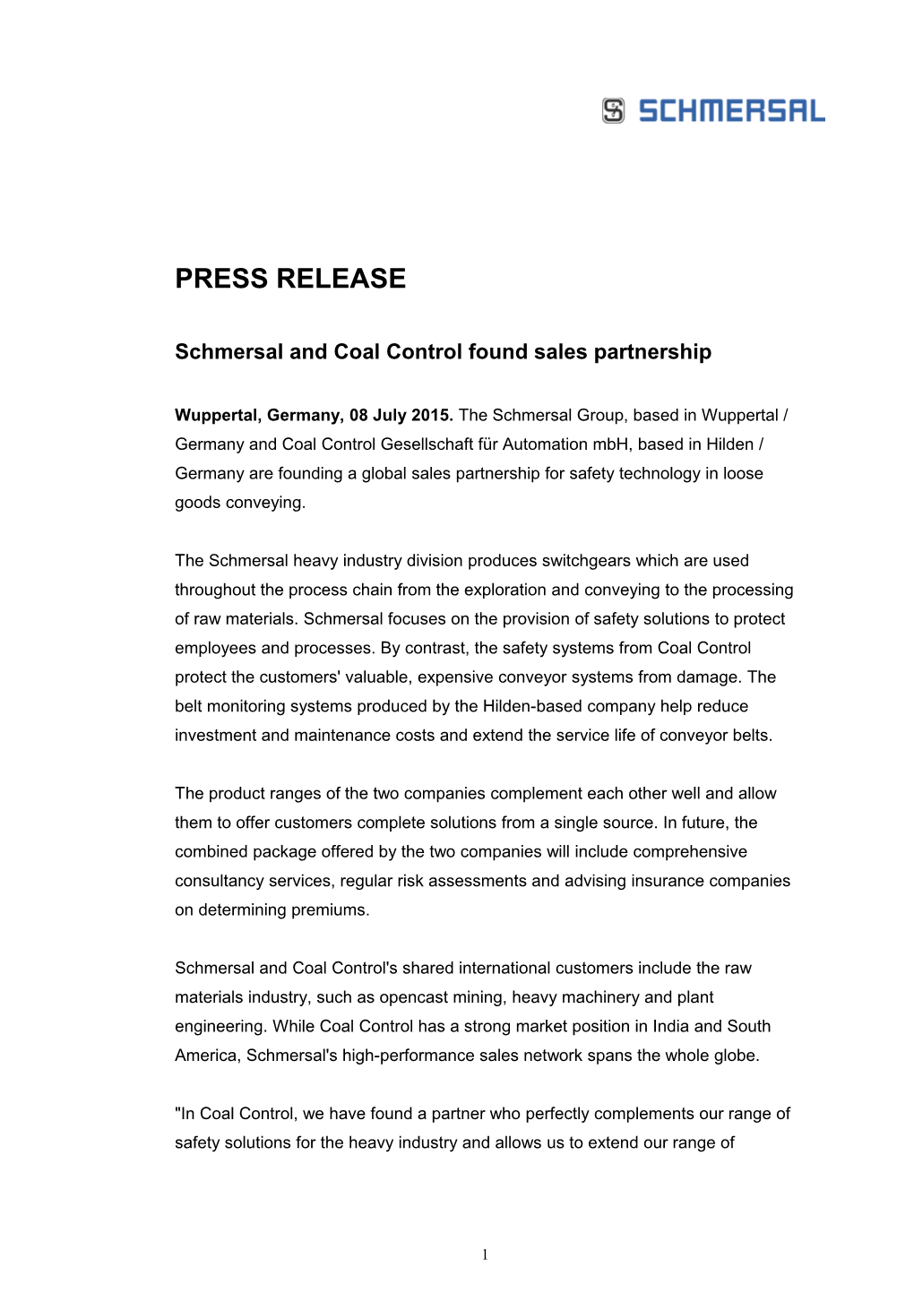 Schmersal and Coal Control Found Sales Partnership