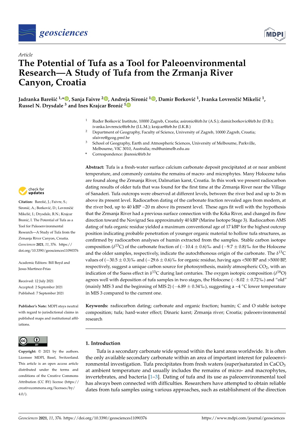The Potential of Tufa As a Tool for Paleoenvironmental Research—A Study of Tufa from the Zrmanja River Canyon, Croatia