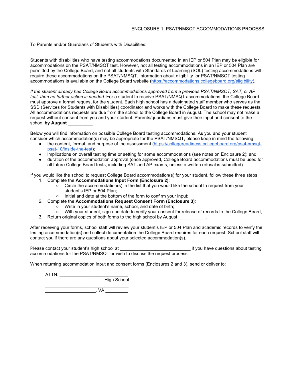 PSAT/MNSQT Testing Accommodation Enclosures