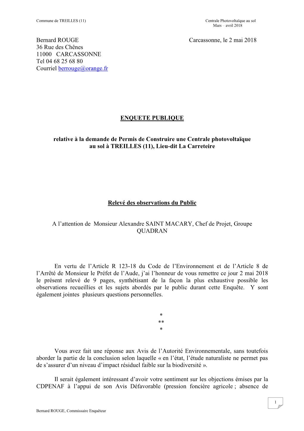 Bernard ROUGE Carcassonne, Le 2 Mai 2018 36 Rue Des Chênes 11000 CARCASSONNE Tel 04 68 25 68 80 Courriel Berrouge@Orange.Fr