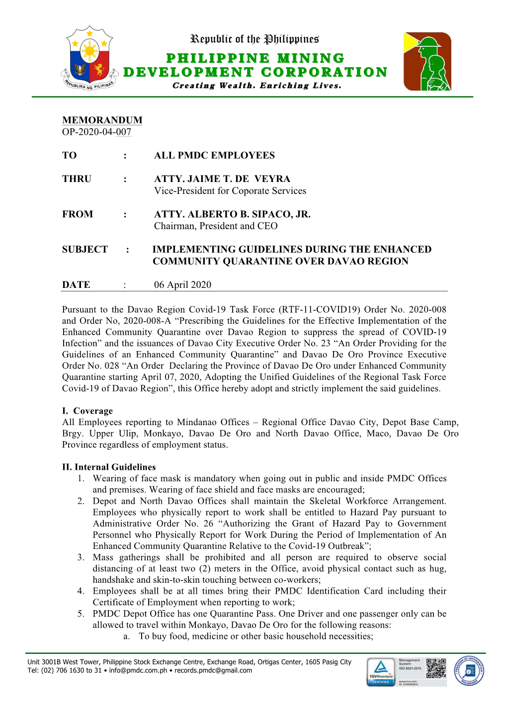 Implementing Guidelines During the Enhanced Community Quarantine Over Davao Region