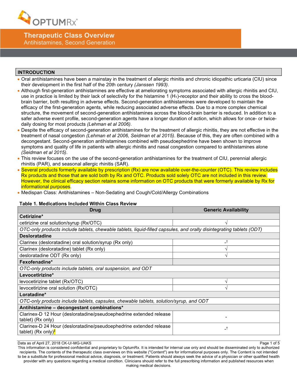 Therapeutic Class Overview Antihistamines, Second Generation