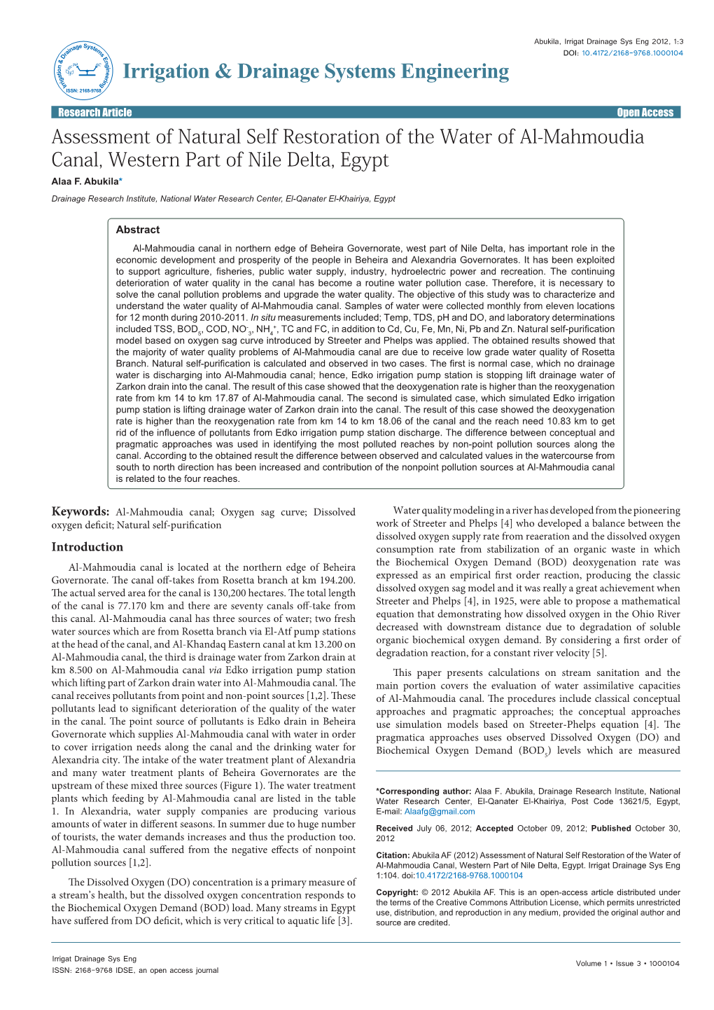 Assessment of Natural Self Restoration of the Water of Al-Mahmoudia Canal, Western Part of Nile Delta, Egypt Alaa F