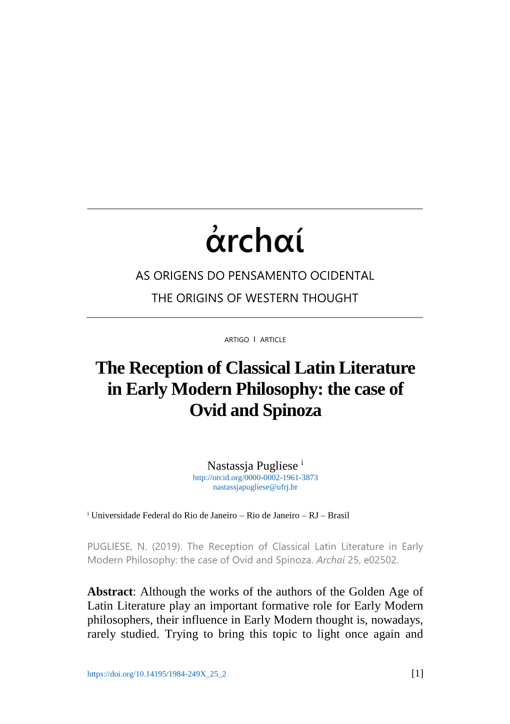 The Reception of Classical Latin Literature in Early Modern Philosophy: the Case of Ovid and Spinoza