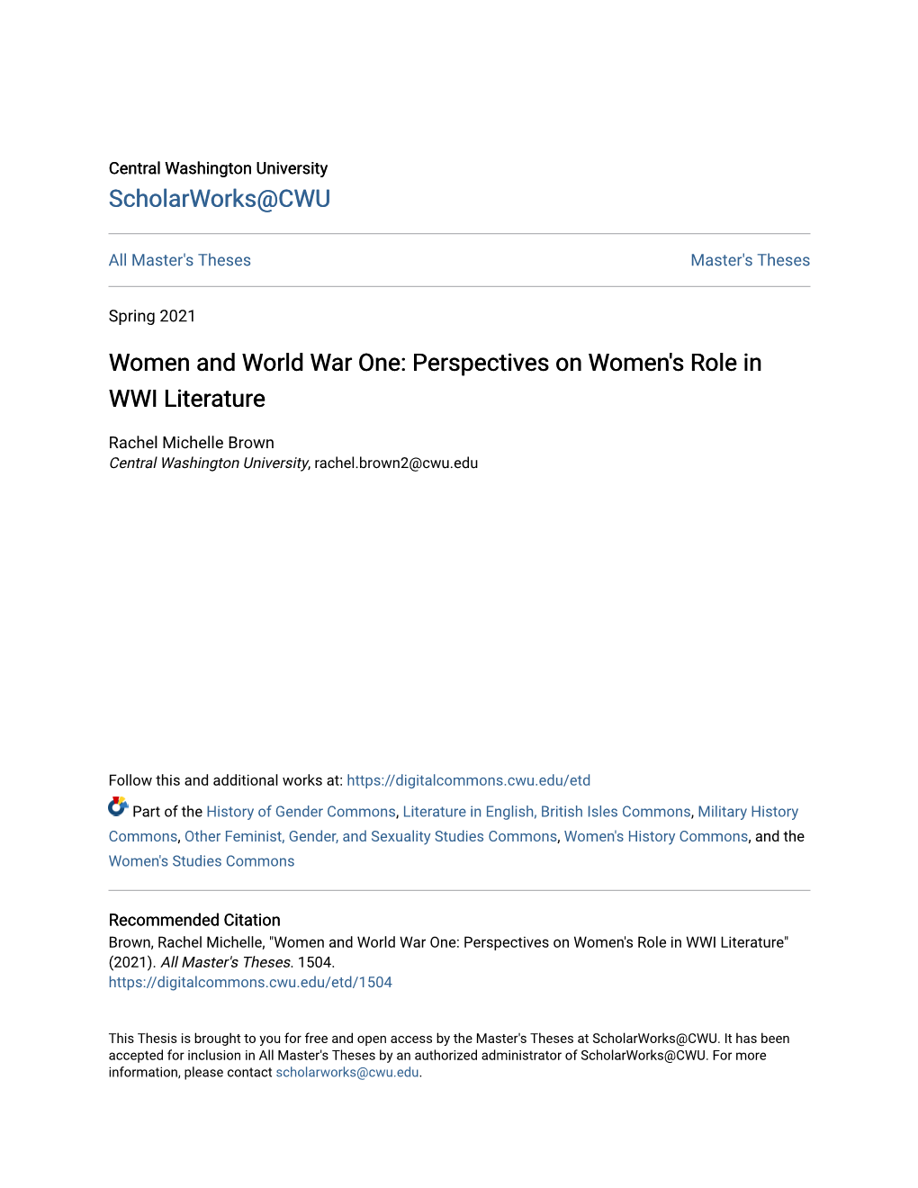 Women and World War One: Perspectives on Women's Role in WWI Literature