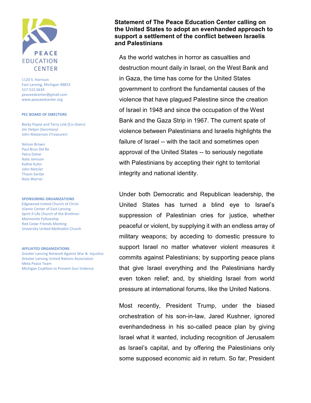 Statement of the Peace Education Center Calling on the United States