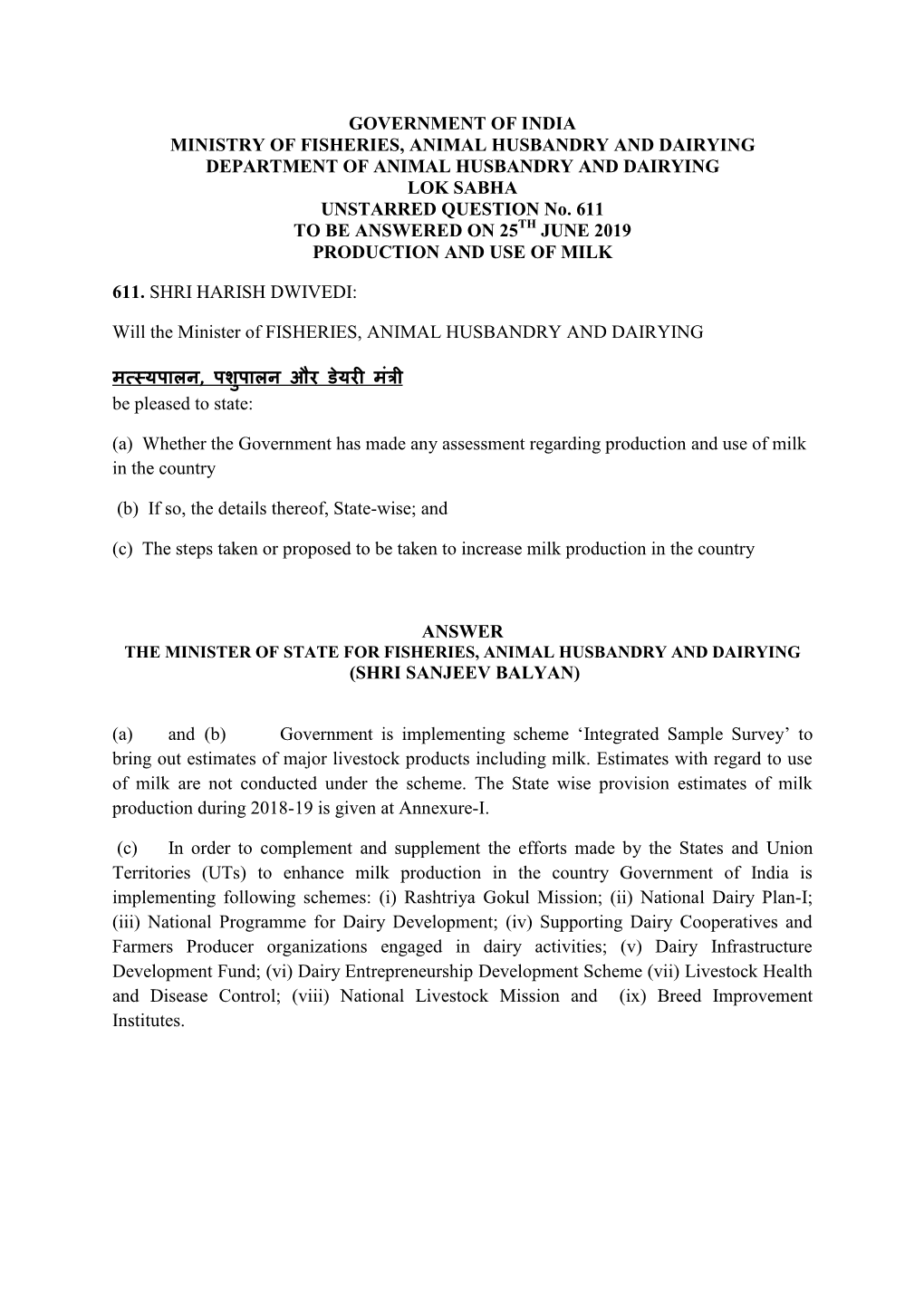 GOVERNMENT of INDIA MINISTRY of FISHERIES, ANIMAL HUSBANDRY and DAIRYING DEPARTMENT of ANIMAL HUSBANDRY and DAIRYING LOK SABHA UNSTARRED QUESTION No