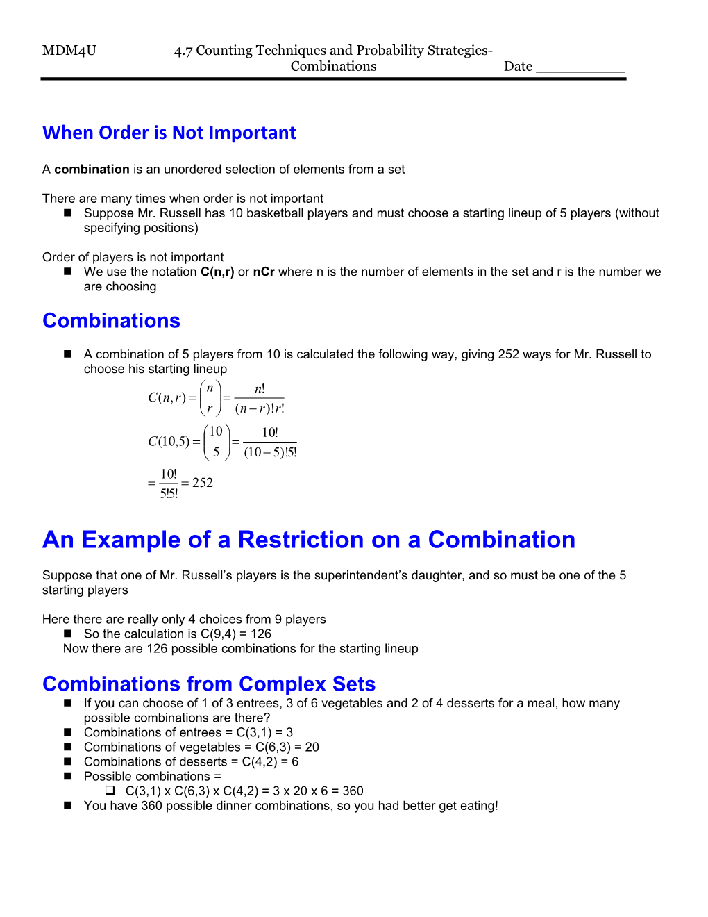 MDM4U 4.7 Counting Techniques and Probability Strategies