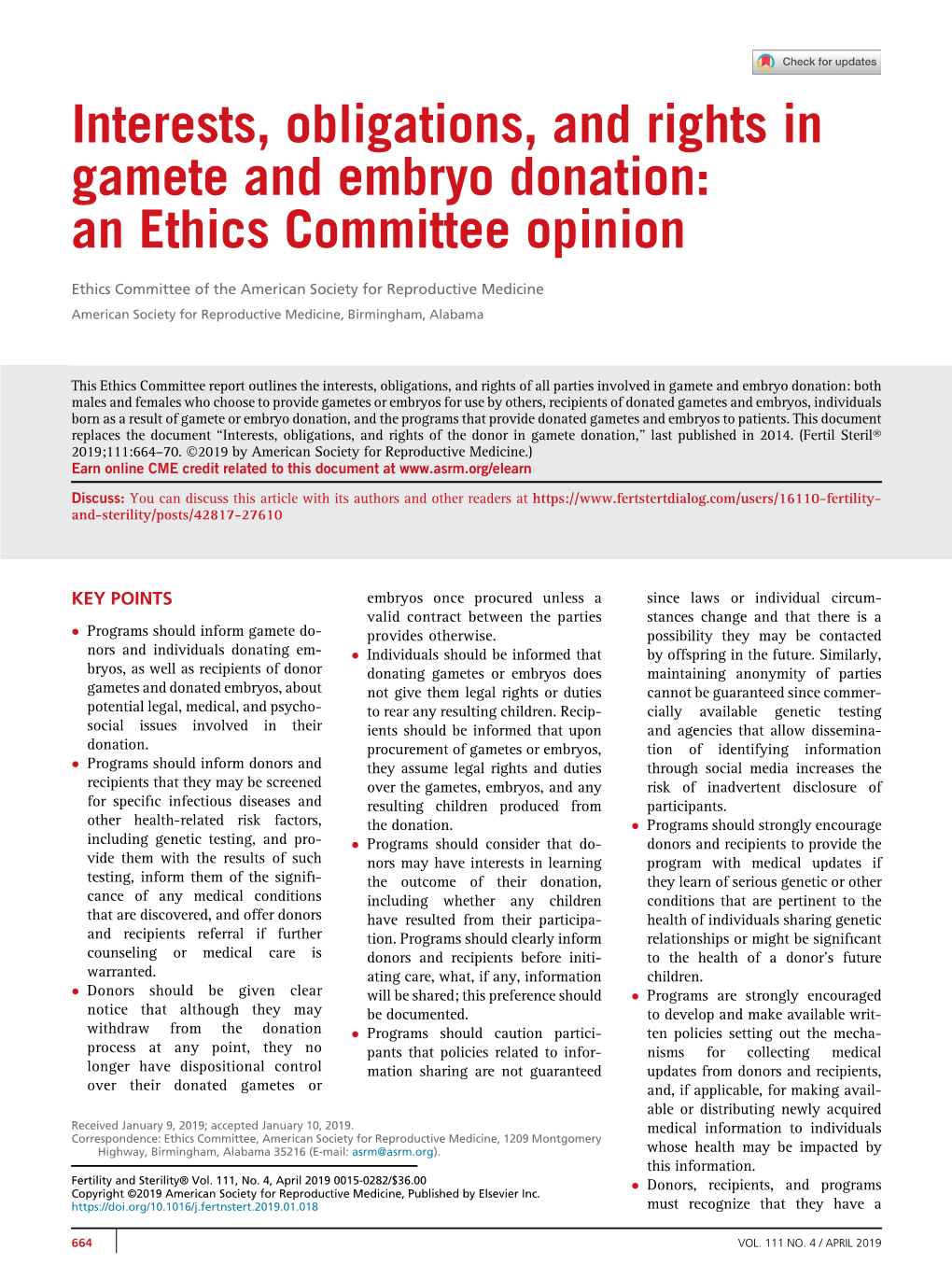 Interests, Obligations, and Rights in Gamete and Embryo Donation: an Ethics Committee Opinion