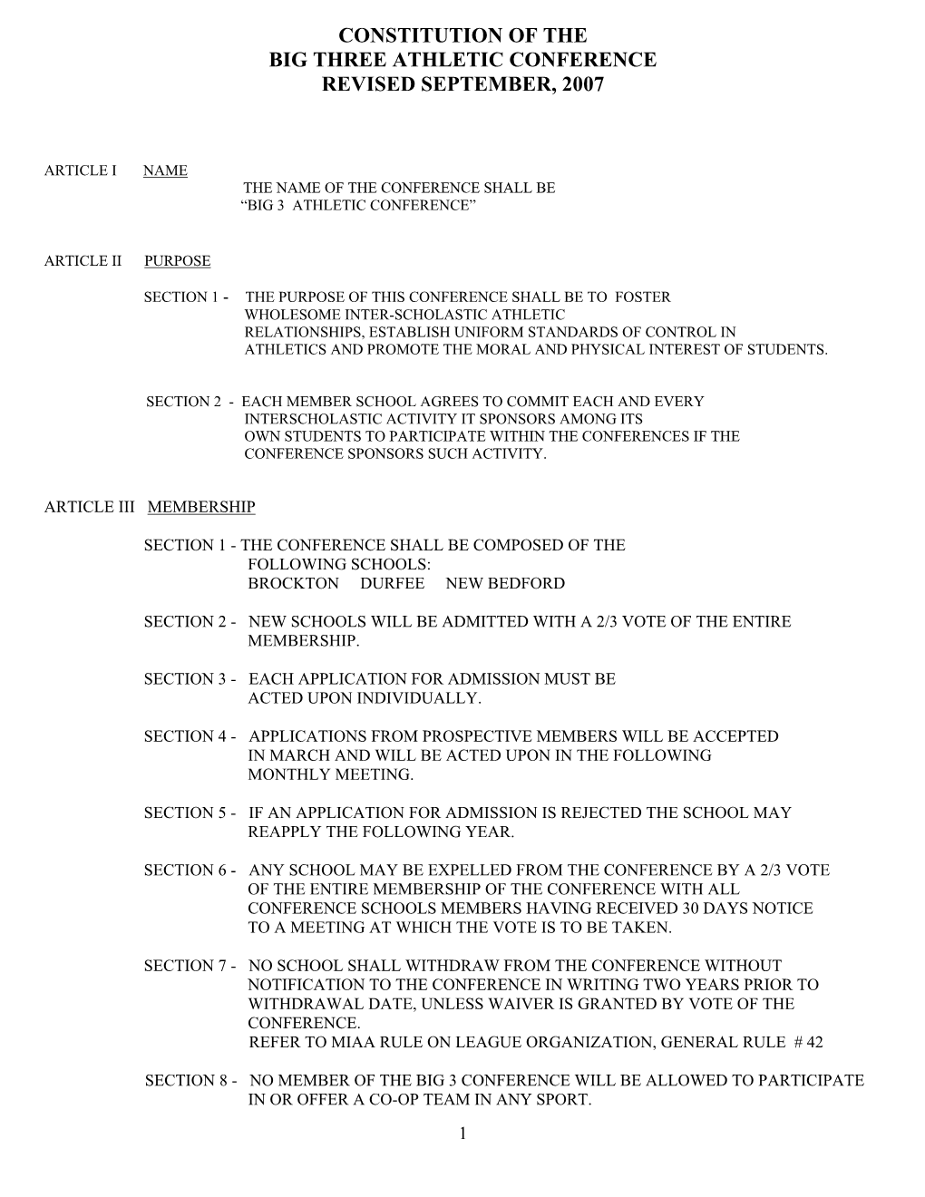 Constitution of the Big Three Athletic Conference Revised September, 2007