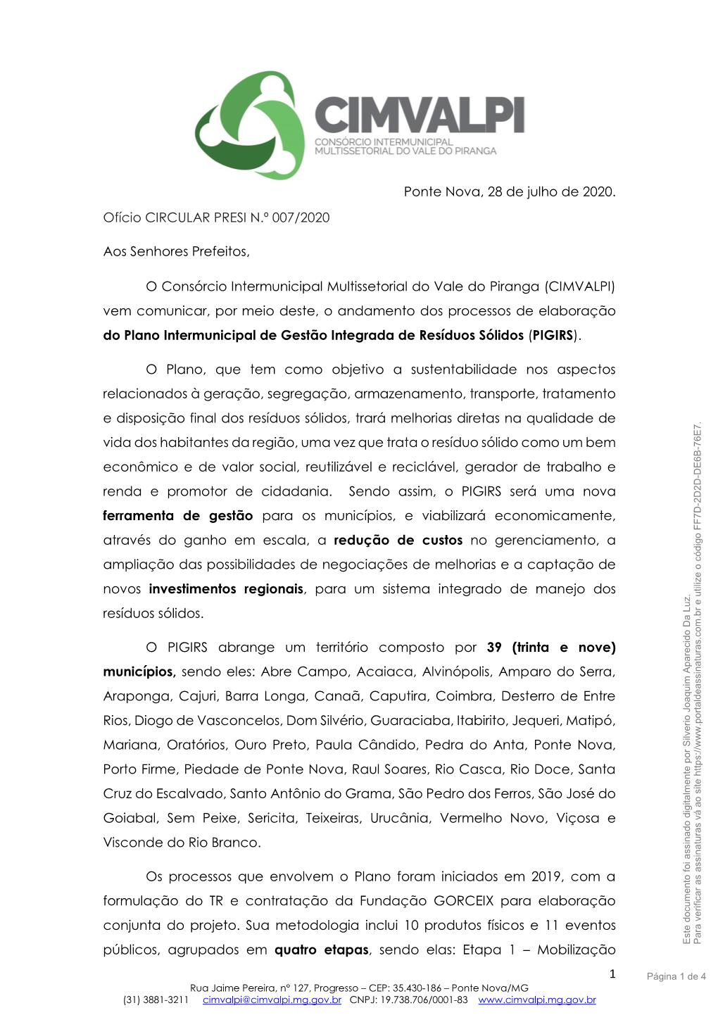 1 Ponte Nova, 28 De Julho De 2020. Ofício CIRCULAR PRESI N.º 007