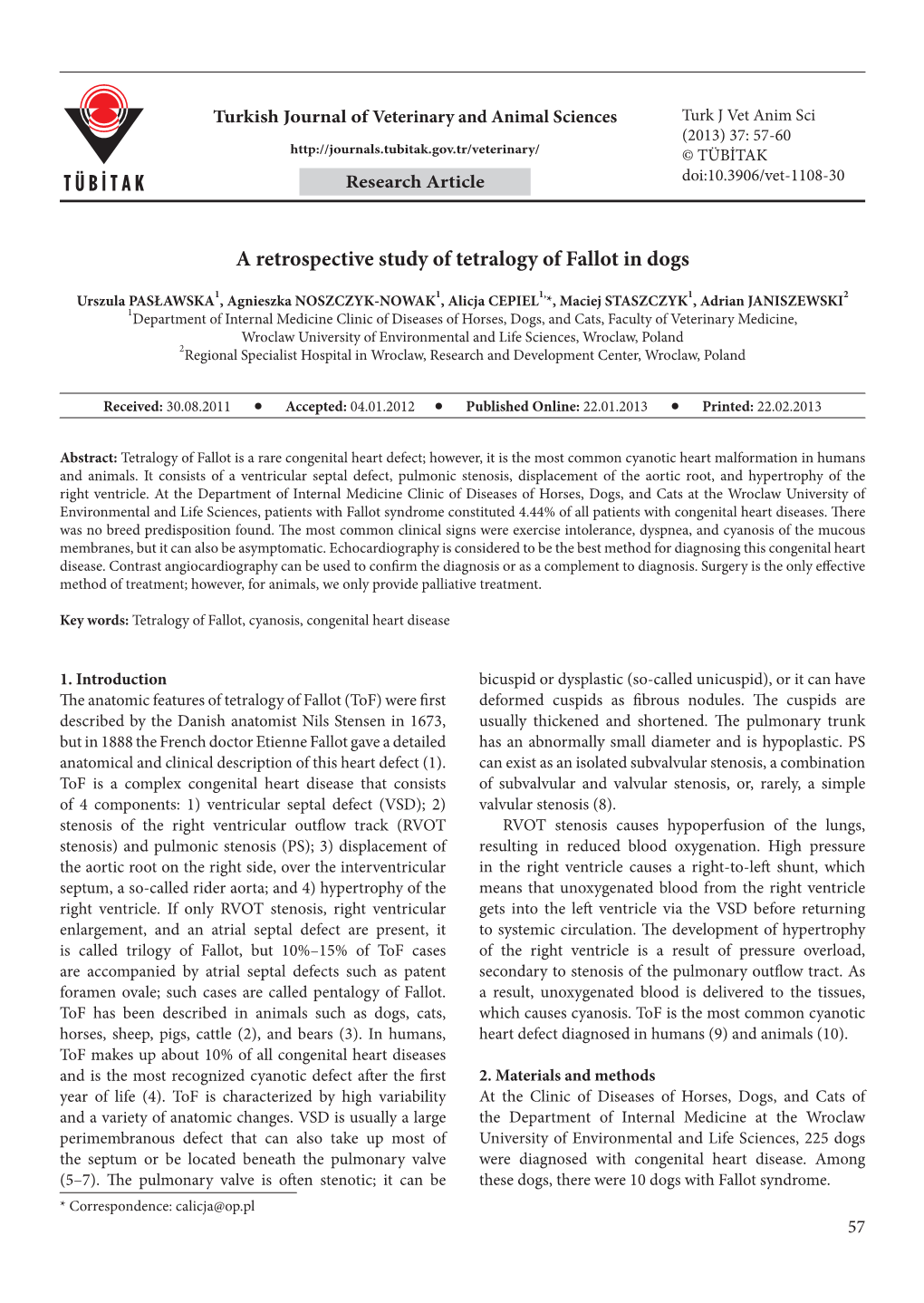 A Retrospective Study of Tetralogy of Fallot in Dogs