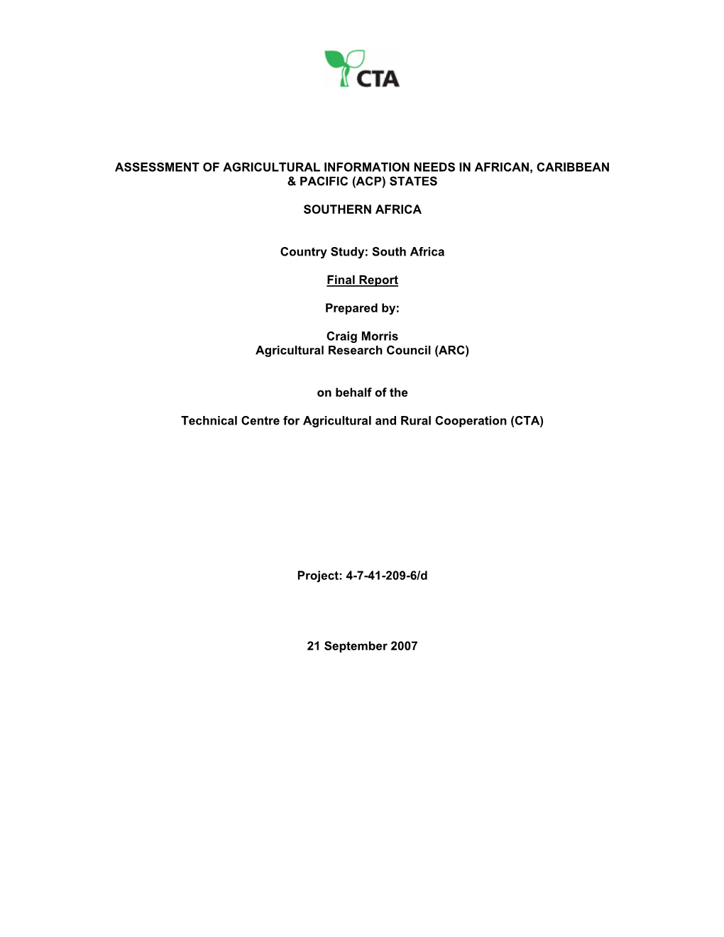 Assessment of Agricultural Information Needs in African, Caribbean & Pacific (Acp) States