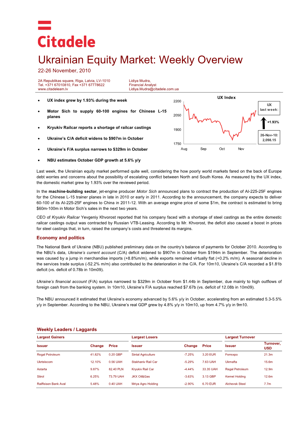 Ukrainian Equity Market: Weekly Overview 22-26 November, 2010