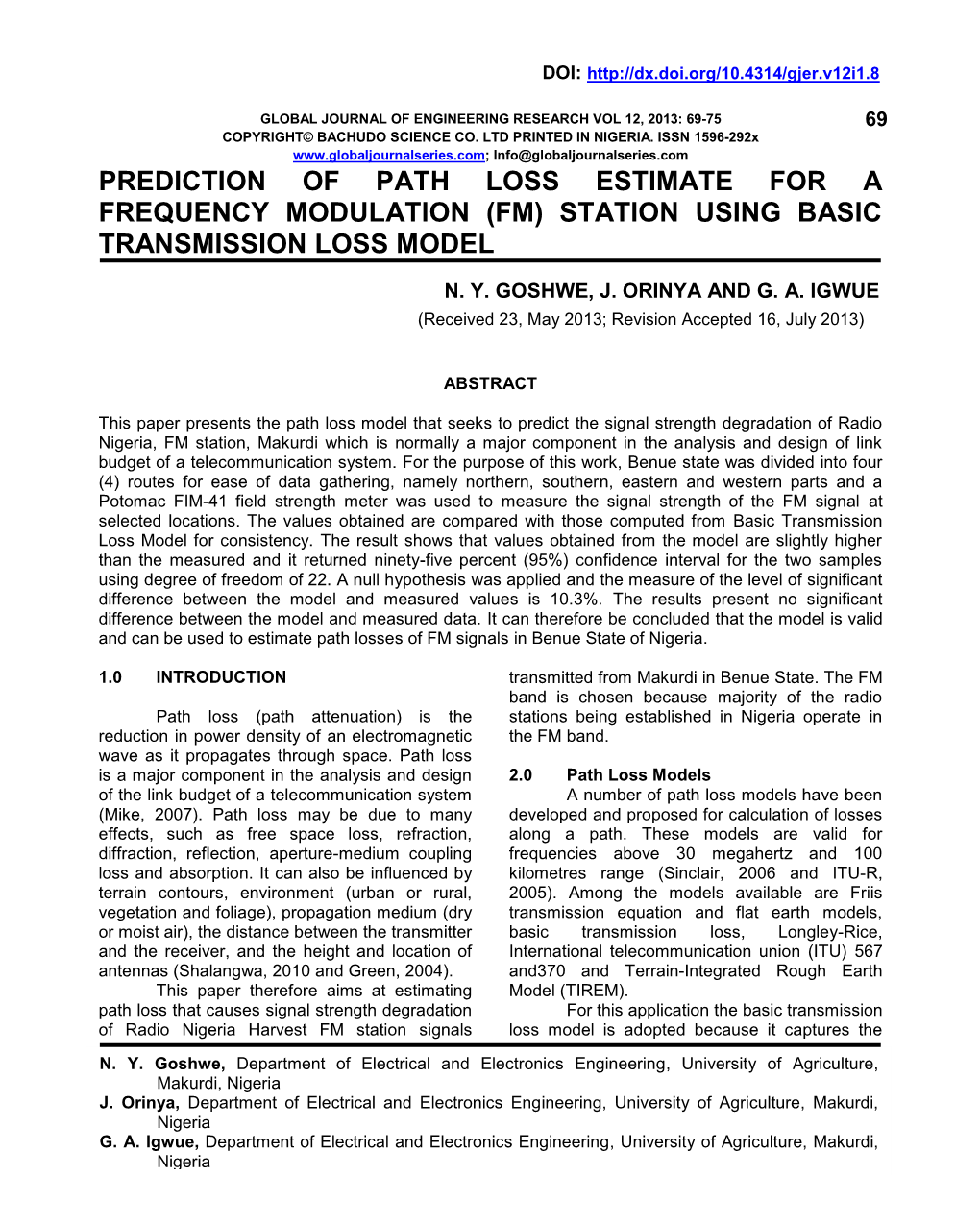 Prediction of Path Loss Estimate for a Frequency Modulation (Fm) Station Using Basic Transmission Loss Model