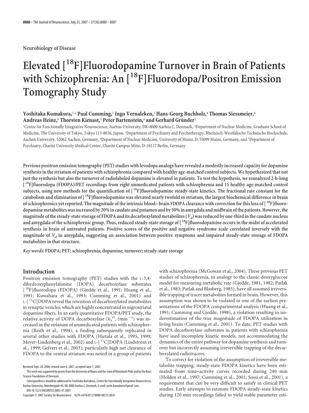 Fluorodopa/Positron Emission Tomography Study