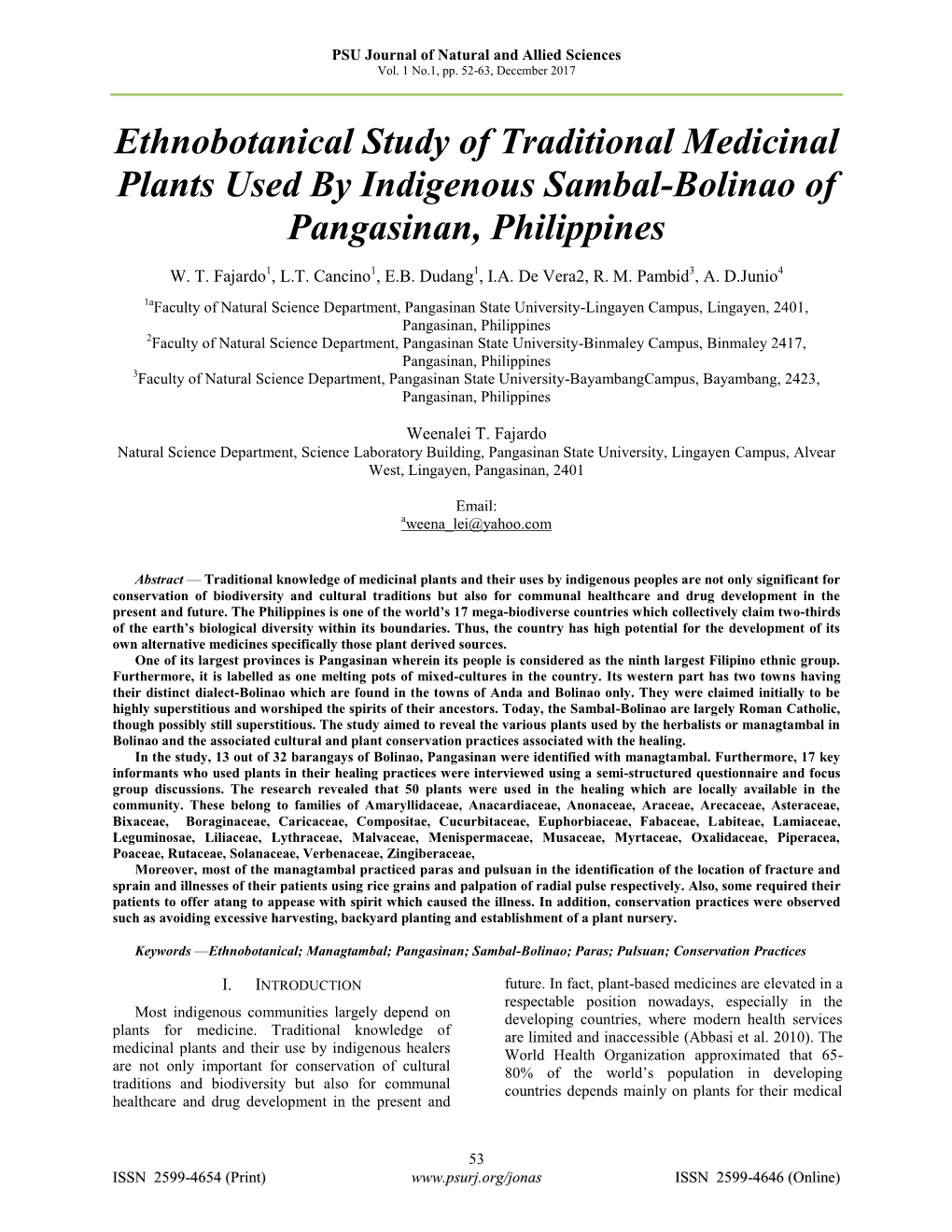 Ethnobotanical Study of Traditional Medicinal Plants Used by Indigenous Sambal-Bolinao of Pangasinan, Philippines