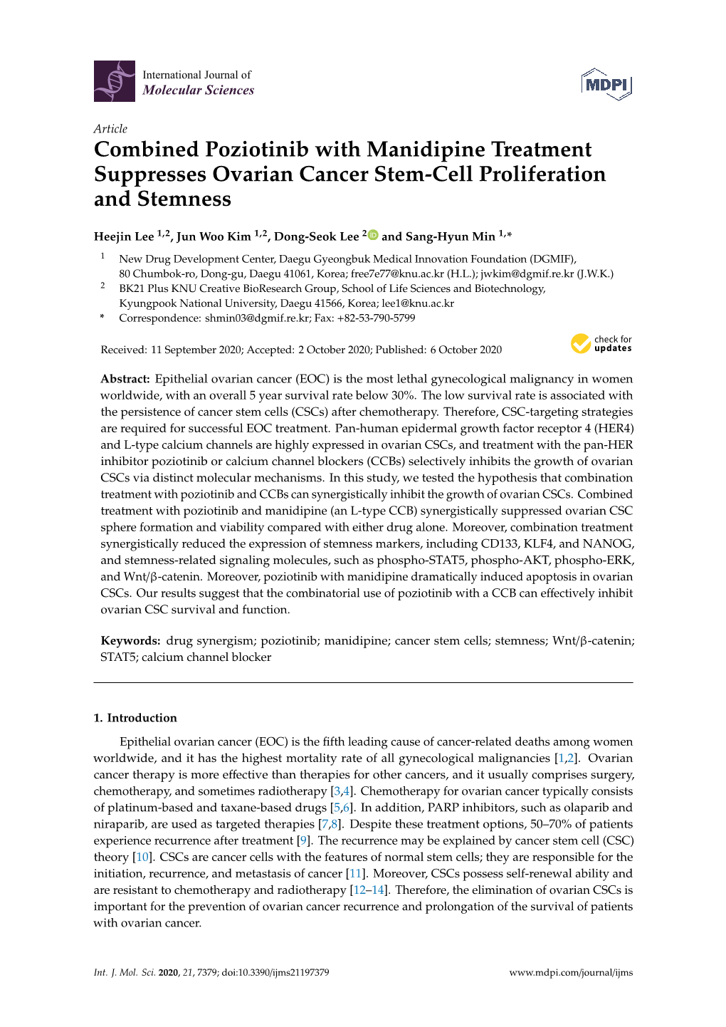 Combined Poziotinib with Manidipine Treatment Suppresses Ovarian Cancer Stem-Cell Proliferation and Stemness