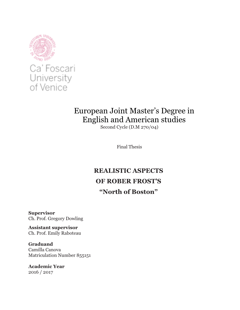 European Joint Master's Degree in English and American Studies