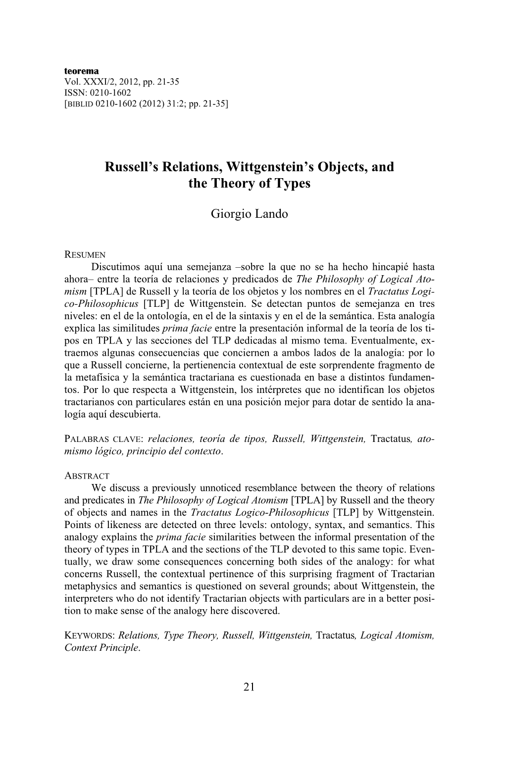 Russell's Relations, Wittgenstein's Objects, and the Theory of Types