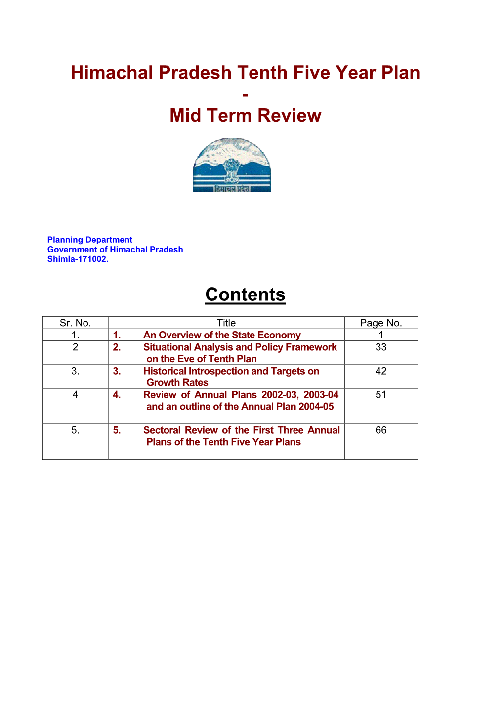 Himachal Pradesh Tenth Five Year Plan - Mid Term Review