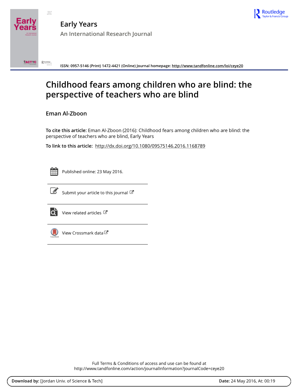 Childhood Fears Among Children Who Are Blind: the Perspective of Teachers Who Are Blind