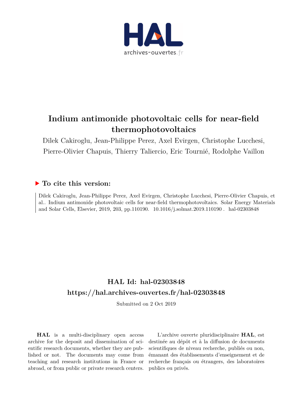 Indium Antimonide Photovoltaic Cells for Near-Field Thermophotovoltaics