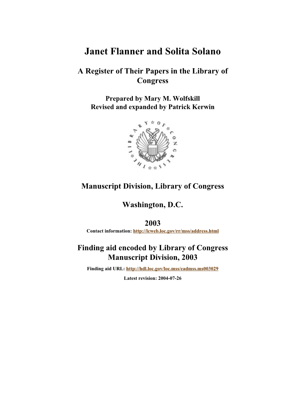 Papers of Janet Flanner and Solita Solano