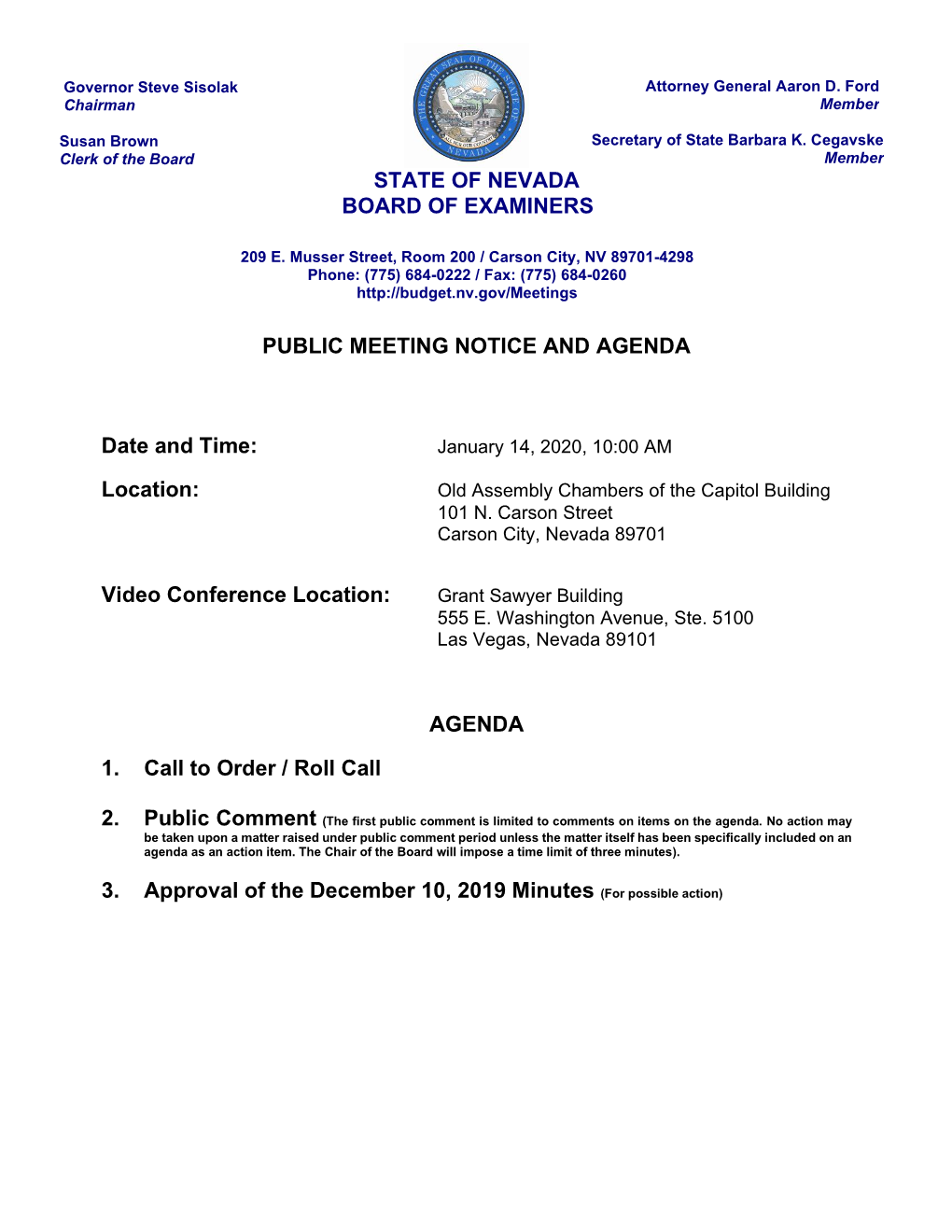 State of Nevada Board of Examiners Public Meeting