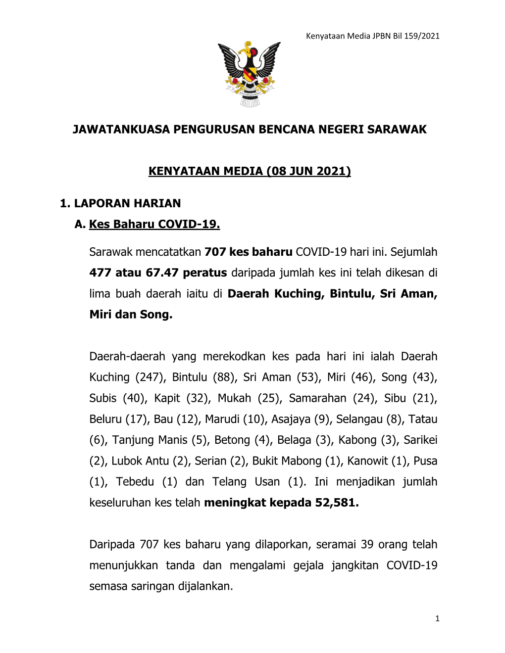 JAWATANKUASA PENGURUSAN BENCANA NEGERI SARAWAK KENYATAAN MEDIA (08 JUN 2021) 1. LAPORAN HARIAN A. Kes Baharu COVID-19. Sarawak M