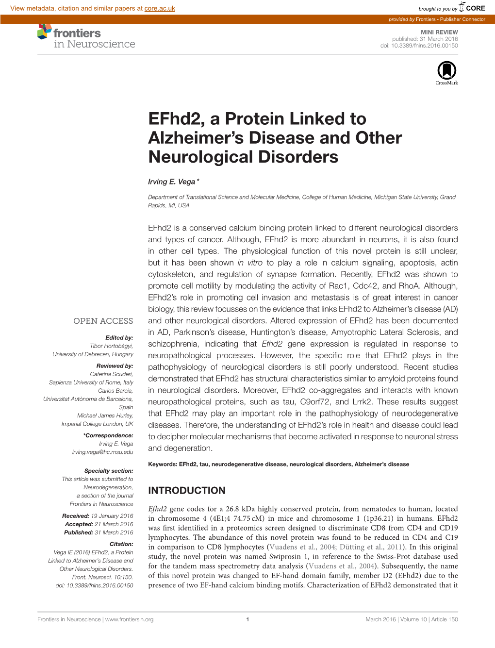 Efhd2, a Protein Linked to Alzheimer's Disease and Other