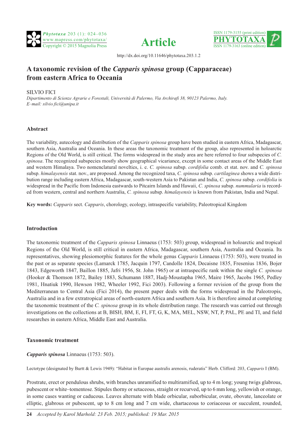 A Taxonomic Revision of the Capparis Spinosa Group (Capparaceae) from Eastern Africa to Oceania