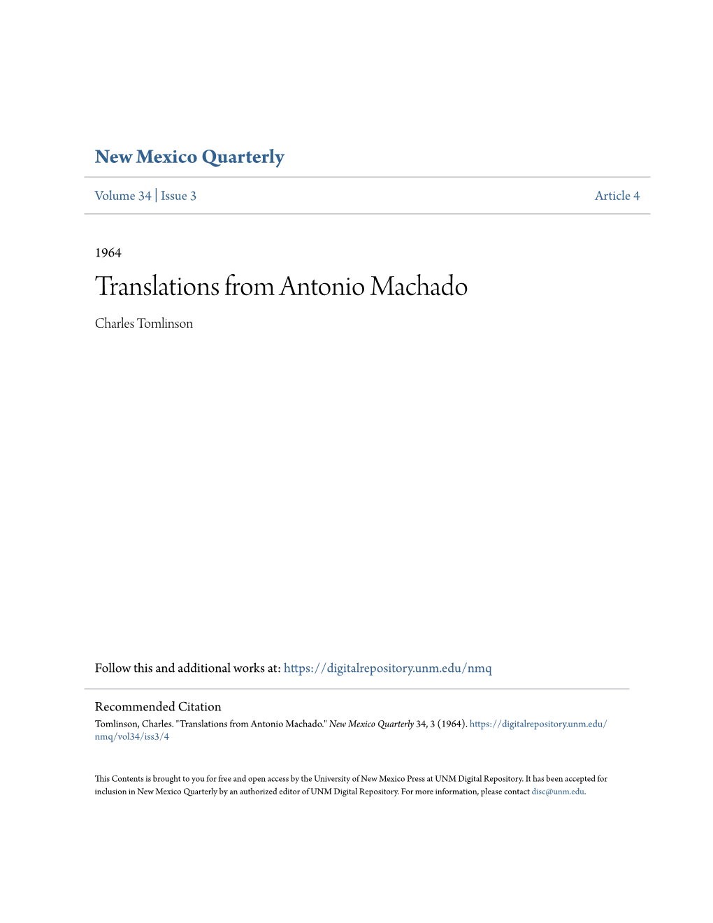 Translations from Antonio Machado Charles Tomlinson