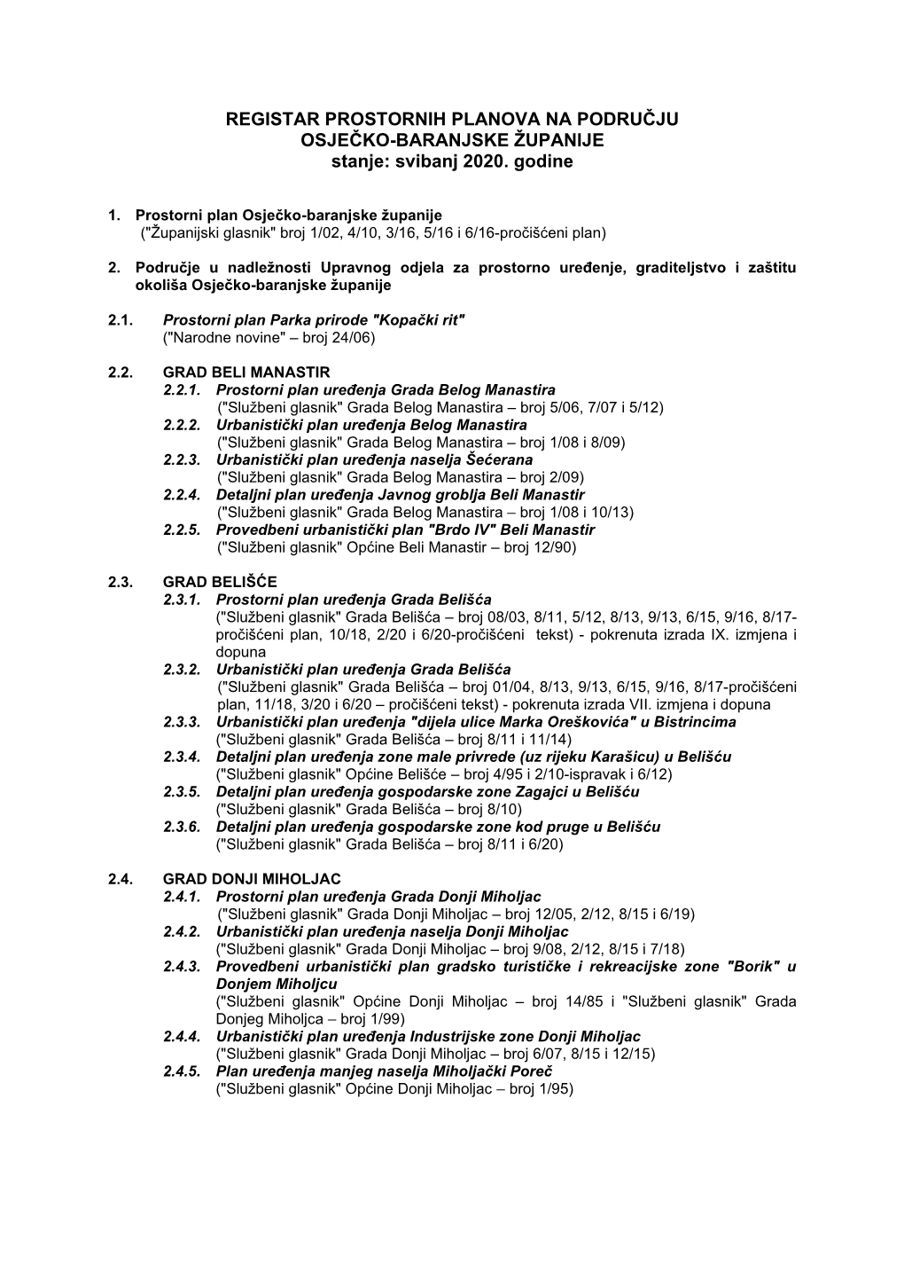REGISTAR PROSTORNIH PLANOVA NA PODRUČJU OSJEČKO-BARANJSKE ŽUPANIJE Stanje: Svibanj 2020