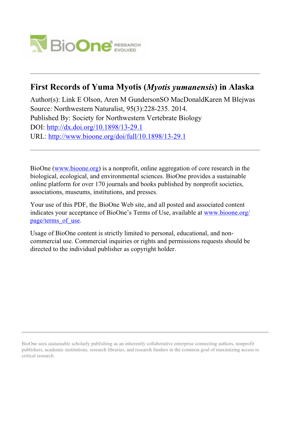 First Records of Yuma Myotis (Myotis Yumanensis) in Alaska