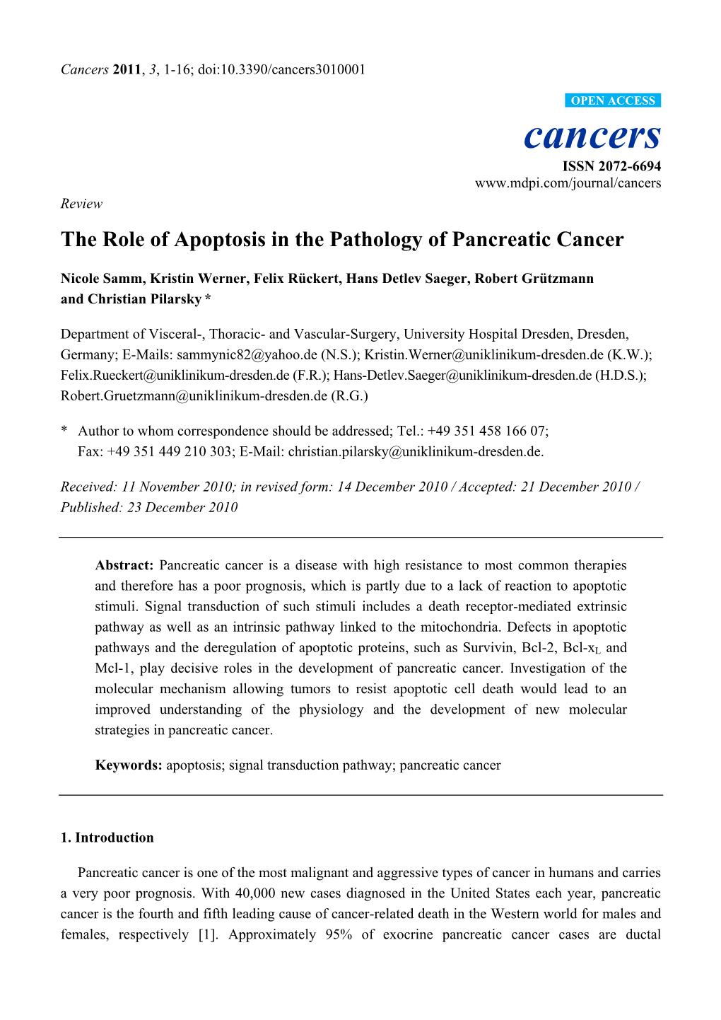 The Role of Apoptosis in the Pathology of Pancreatic Cancer