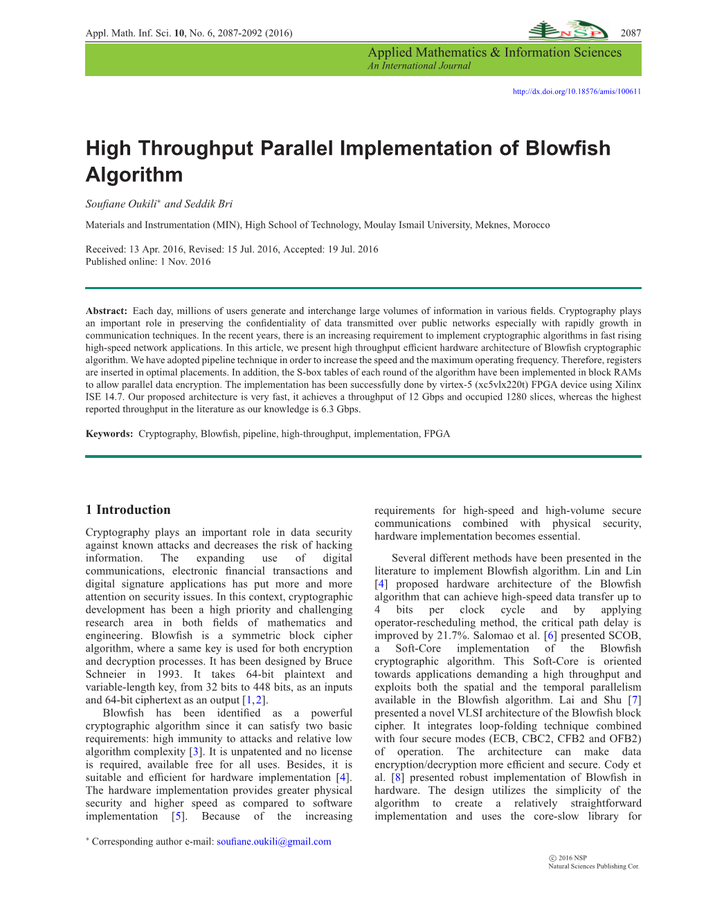 High Throughput Parallel Implementation of Blowfish Algorithm -.:: Natural Sciences Publishing