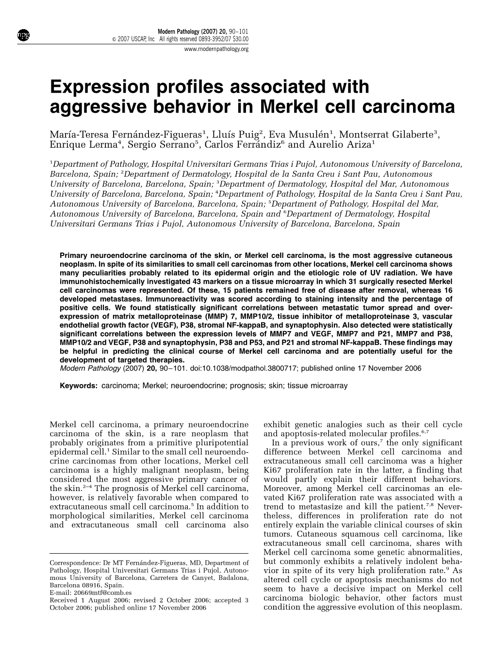 Expression Profiles Associated with Aggressive Behavior in Merkel Cell Carcinoma