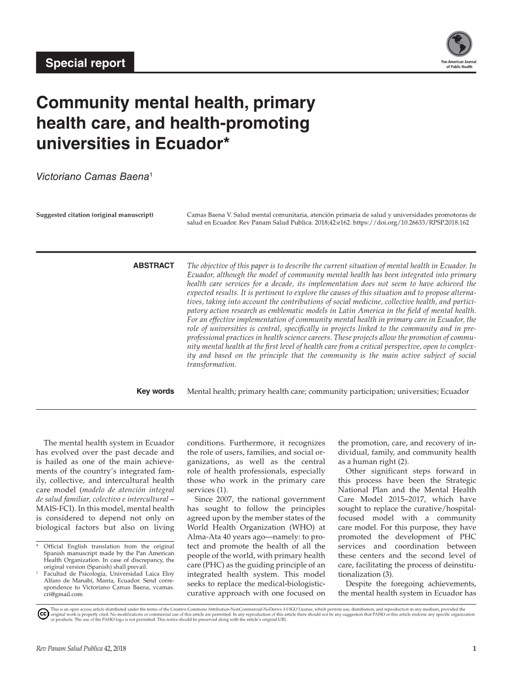 Community Mental Health, Primary Health Care, and Health-Promoting Universities in Ecuador*