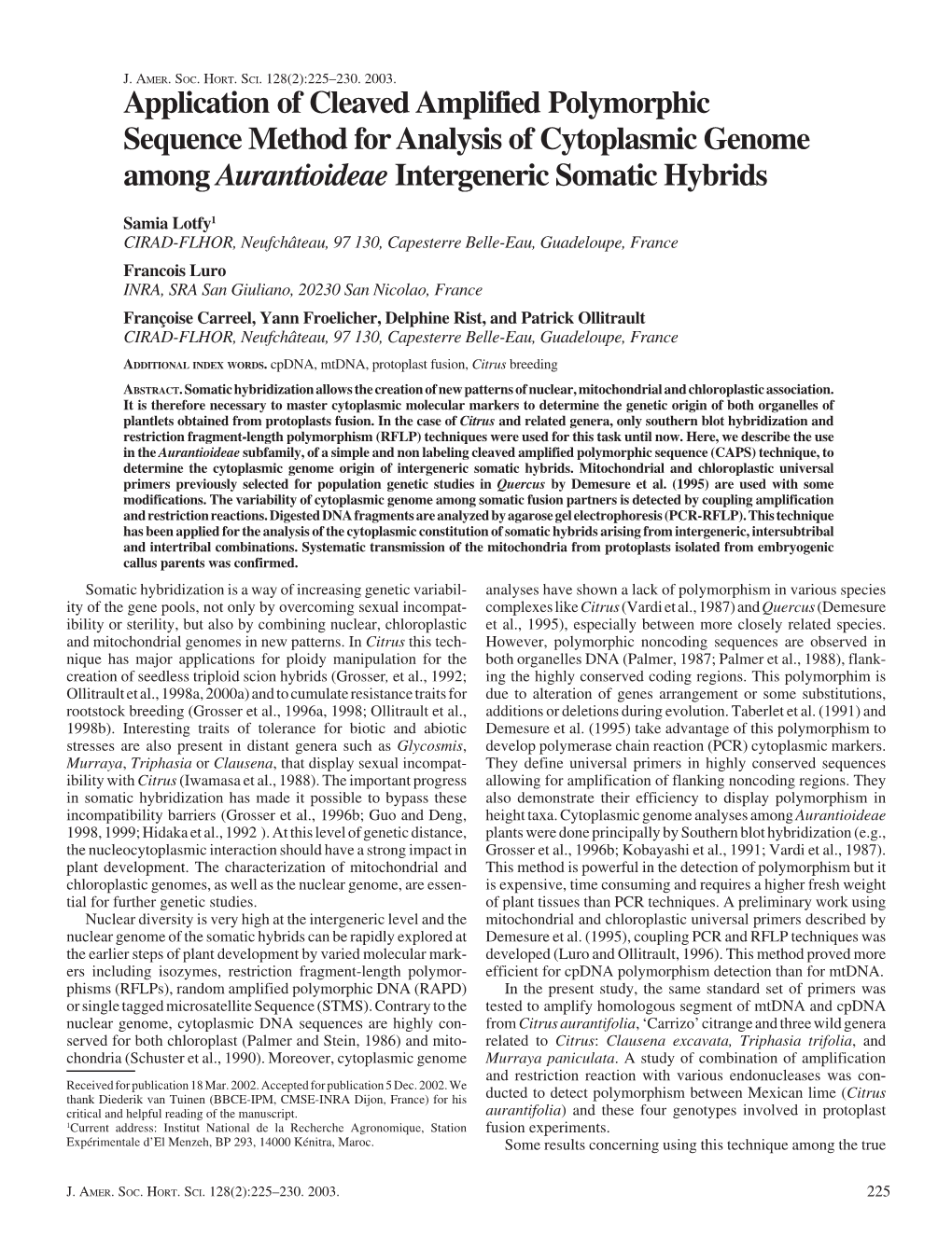 Application of Cleaved Amplified Polymorphic Sequence Method for Analysis of Cytoplasmic Genome Among Aurantioideae Intergeneric Somatic Hybrids