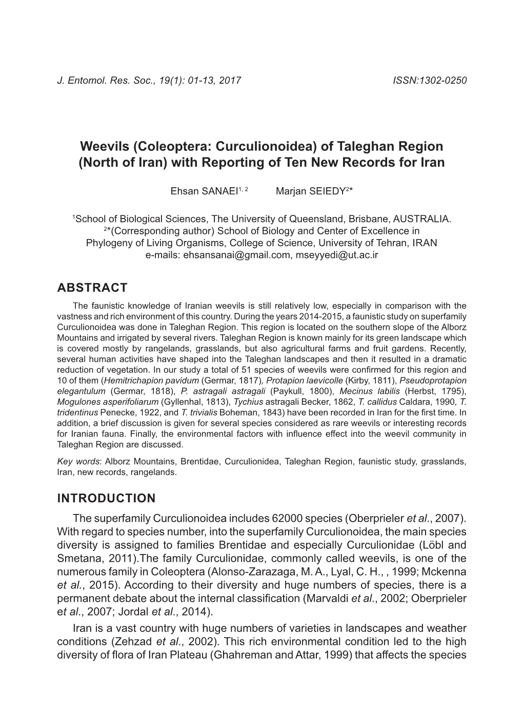 Weevils (Coleoptera: Curculionoidea) of Taleghan Region (North of Iran) with Reporting of Ten New Records for Iran