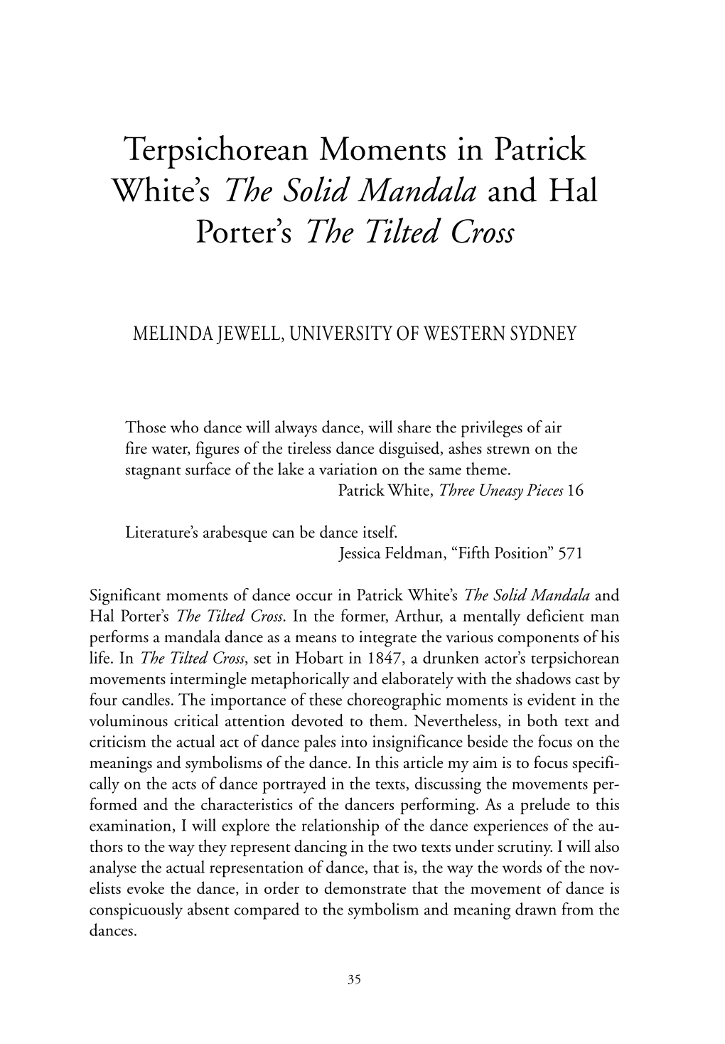 Terpsichorean Moments in Patrick White's the Solid Mandala and Hal Porter's the Tilted Cross