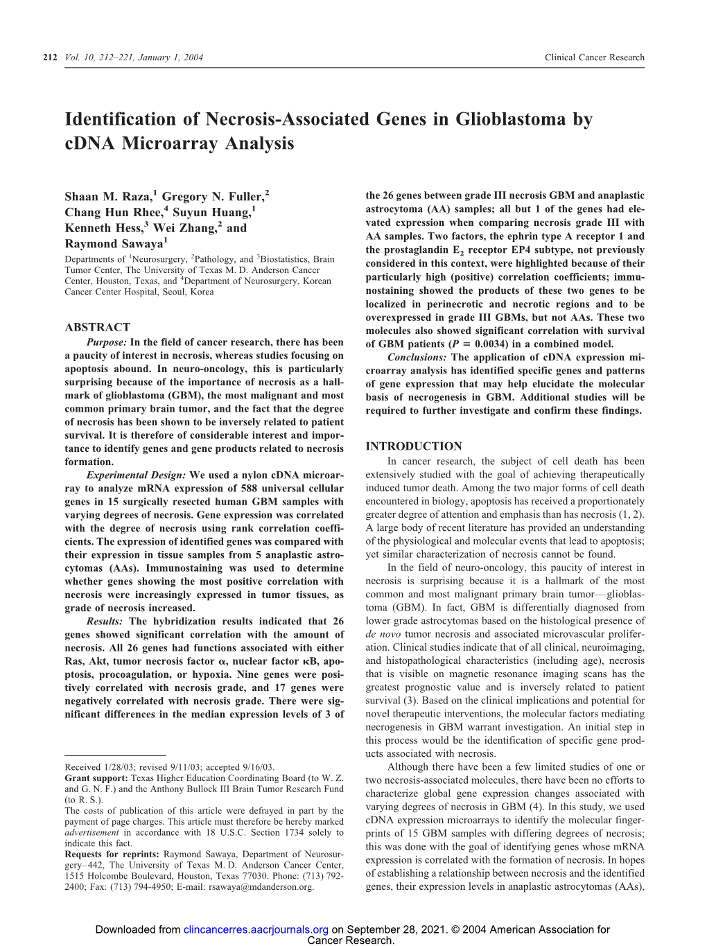 Identification of Necrosis-Associated Genes in Glioblastoma by Cdna Microarray Analysis