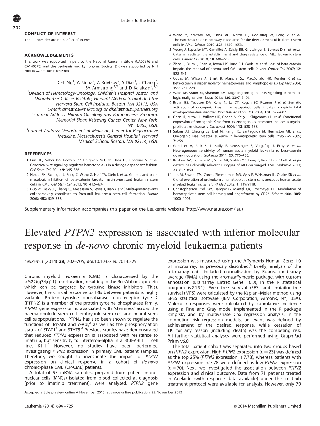 PTPN2 Expression Is Associated with Inferior Molecular Response in De-Novo Chronic Myeloid Leukaemia Patients